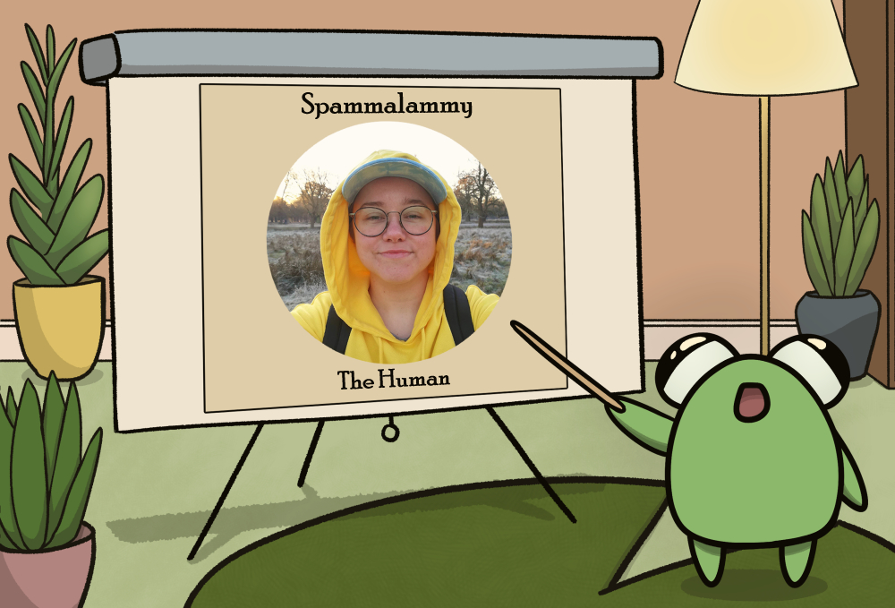 an excited frog in a comfortable living room points with a stick at a slideshow that is captioned Spammalammy The Human showing a real picture of Spam